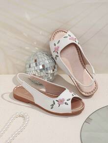 Girls' Summer Embroidered Flower Sandals, Retro Open Toe Princess Shoes, Soft Non-Slip Elastic Band Shoes, Casual Children Shoes - White - View 6