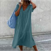 2025 nueva falda larga de mujer de algodón de lino de manga corta cuello redondo suelto Color sólido moda Simple vestido rosa de vacaciones - Burdeos - Ver 4