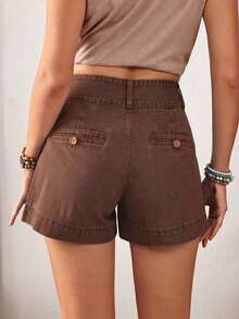 Women's Button Waist Design Pocket Casual Loose Denim Shorts - Café integral - Ver 2