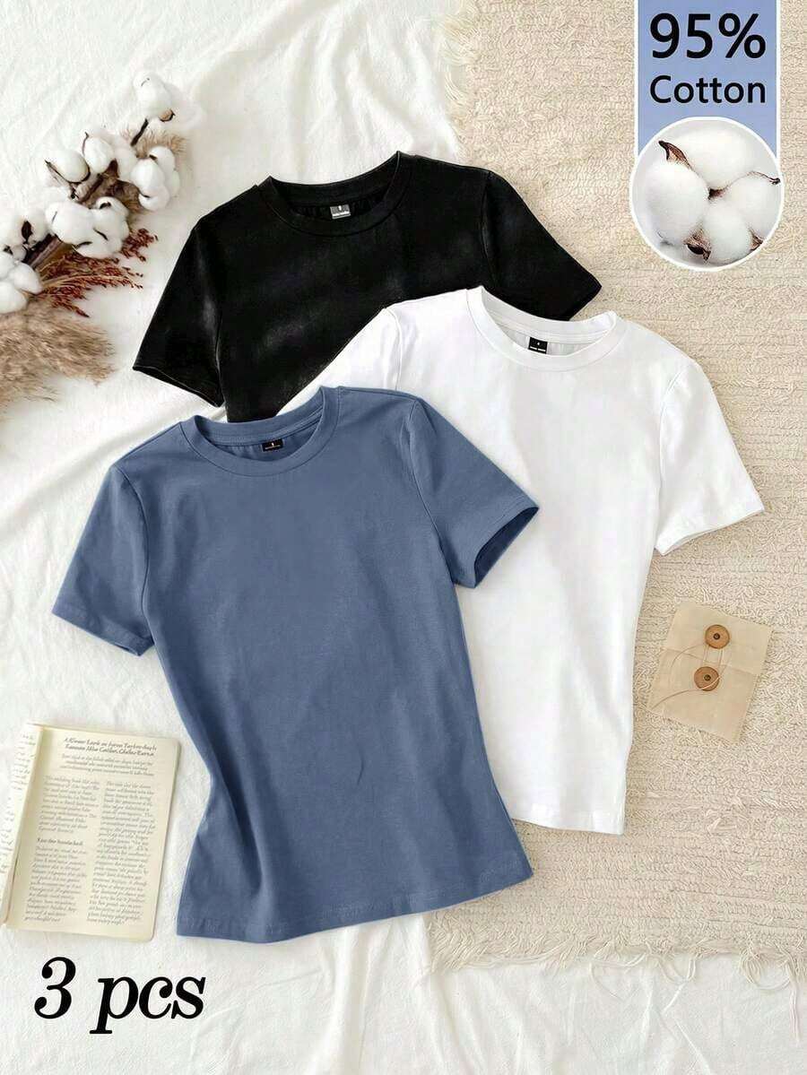 Conjunto de 3 piezas de camisetas de manga larga de ajuste ceñido con cuello redondo, estilo minimalista casual, 95% algodón, para mujer - Multicolor 4 - Ver 1