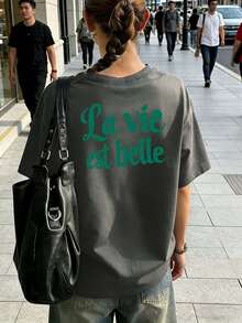 T-shirt blanc à manches courtes et col rond pour femmes avec imprimé de lettres françaises vertes, style de rue décontracté d'été, coupe ample et confortable pour un port quotidien - Gris foncé - Voir 3