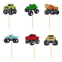 12/24 piezas Decoraciones para cupcakes con forma de camión monstruo brillante, adecuado para fiesta de cumpleaños con tema de carrera de autos, decoración de mesa de postres, decoraciones para pasteles con forma de vehículo brillante - Multicolor - Ver 4
