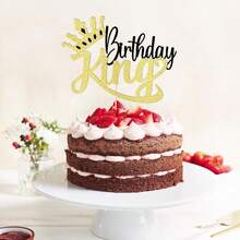1pc Glitter Birthday King Cake Topper With Crown Design, Sparkling Sports Theme Cake Decoration For B*Ys Birthday, Shiny Party Dessert Table Supplies - Multicolor - View 6