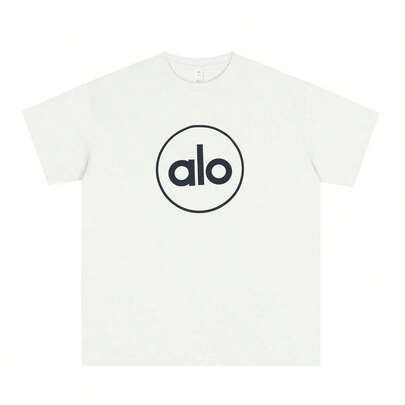  Alo Yoga Classic Circle Logo White Short-Sleeved T-Shirt, American Heavyweight Pure Cotton Loose Fit, Unisex Casual Top, Couple Style.