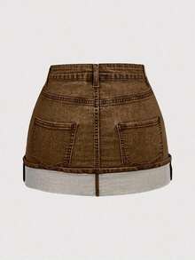 Falda vaquera mini de estilo casual de calle de verano para mujer con dobladillo puño - Marrón 2 - Ver 2