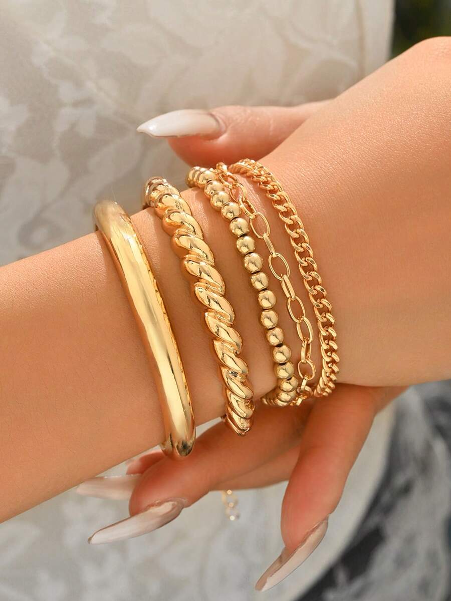 Bộ 5 vòng tay hạt cườm thời trang, vòng tay dây xích CCB thủ công, thiết kế tối giản, phù hợp cho nữ giới đeo riêng hoặc phối cùng trang phục hàng ngày, dự lễ hội âm nhạc, tiệc tùng, ăn tối. - Vàng - Xem 1