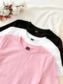 Set de 3 camisetas de mujer de cuello redondo de ajuste ceñido, 95% algodón, en negro, blanco y gris, aptas para todas las estaciones, interior y exterior, con estilo vintage y lindo para verano, para salidas de verano, hogar, vuelta al cole, otoño - Multicolor 11 - Ver 5