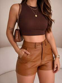 Black Faux Leather High-Waisted Shorts – Style And Elegance - 駝色 - 查看 2