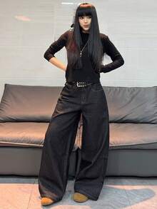 1件美式街頭風女款刺繡寬鬆寬腿牛仔長褲，四季休閒黑色秋季款 - 黑色 - 查看 6