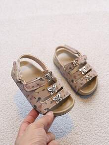1 Pair Girls' Ditsy Floral Rhinestone Butterfly Ankle Strap Sandals, Soft Sole Non-Slip Toddler Summer Beach Shoes, Versatile For Babies And Little Kids - Brown - View 5