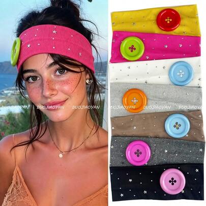 1pc New Y2K Candy Color Wide Headband, Handmade With Large Button, Rhinestone Star Decor, Suitable For Makeup Washing