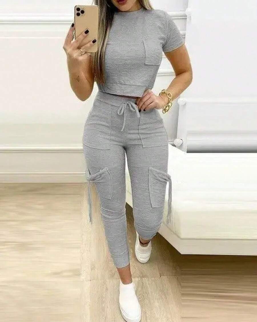 Conjunto ajustado de dos piezas de Color sólido para mujer, camiseta recortada, pantalones largos ajustados, conjuntos de bolsillo con cordones para mujer, ropa deportiva para primavera y verano 2023 - Gris - Ver 1
