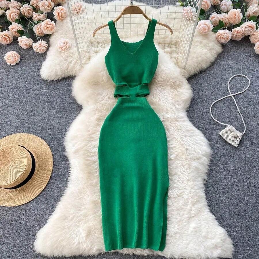 YuooMuoo vestido de mujer Sexy recortado paquete de cintura caderas vestido ceñido dividido moda de verano señora Vestidos de fiesta de punto vestido veraniego - Verde - Ver 1