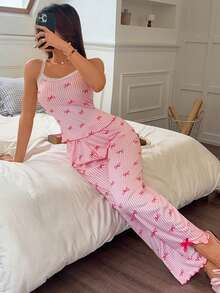Bộ đồ ngủ nữ 2 món, áo hai dây kẻ sọc phối nơ và quần ống rộng xẻ gấu, đồ ngủ ren, bộ đồ ngủ dễ thương, bộ đồ ngủ có nơ, trang phục mùa hè cho nữ. - Nhiều màu - Xem 6