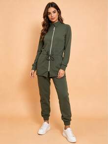Women's Lisa Set, Stretchy Wool Fabric, Pants With Pockets. - Army Green - View 1