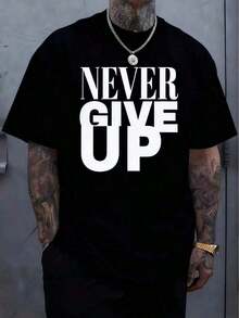 Men's T-Shirt With "Never Give Up" Pattern - Cotton, Soft And Comfortable, Black Letter Print On Red, Casual Summer Outdoor T-Shirt, Perfect Gift For Men, Machine Washable - Black - View 5