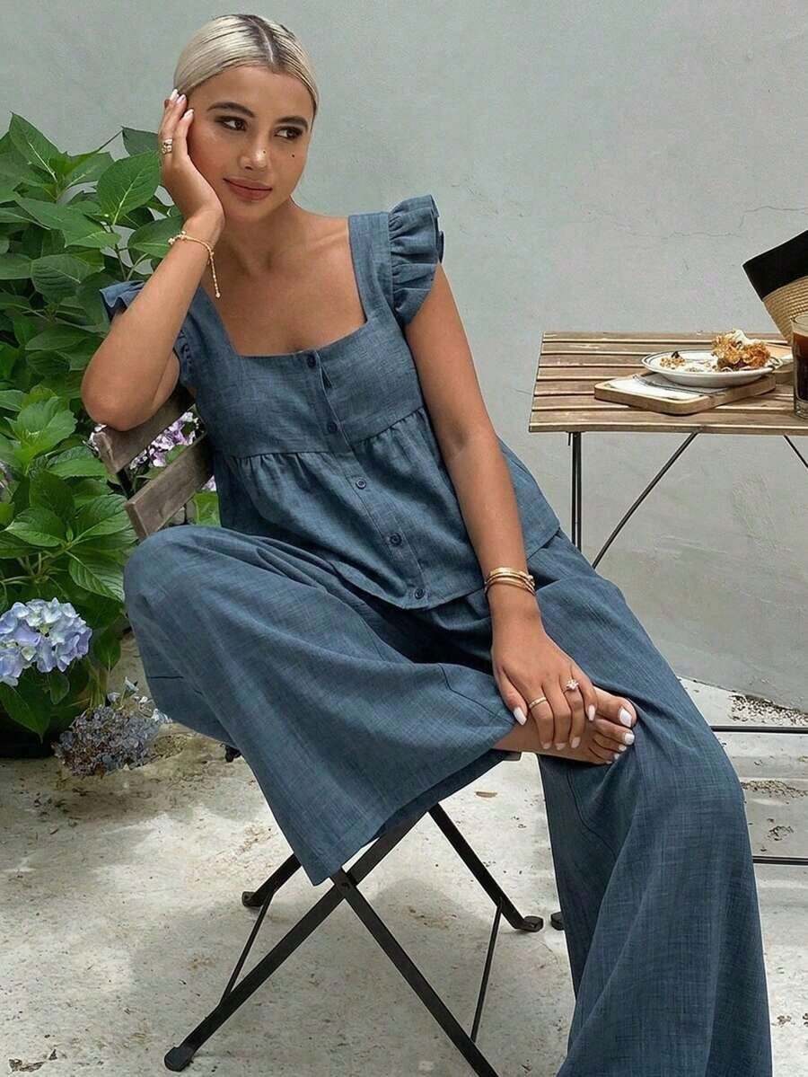 Set de 2 piezas: Camiseta corta con volantes y pantalones casuales de pierna ancha con cintura alta y lazo para mujer, conjunto de verano - Azul 2 - Ver 1