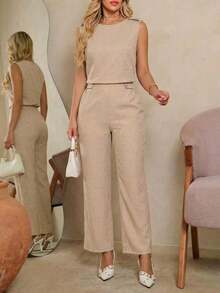 Women Sleeveless Casual Elegant Top And Pants Set With Slant Pockets & Button Details Summer - 卡其色 - 查看 9