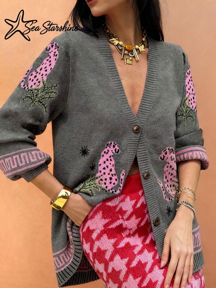 Sea Starshine Fall/Winter Women's Casual Commuter Straw Hat, Sun-Print Leopard-Print Long-Sleeve Crew-Neck Cardigan With Amber Buttons - Grey - View 1