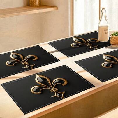 2/4/6 Pcs Black And Gold Iris Print Placemat,12.5*16.5inch Polyester Machine Washable Table Mats, Perfect For Kitchen And Dining Room Decor, Everyday Home Decor, Dinner Parties, Holiday Celebrations, Date Parties, And More.