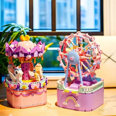 2-in-1 Riesenrad & Karussell Drehende Bauklötze Spieluhr - Rosa & Lila Vergnügungspark Thema, süße Tischdekoration, geeignet als Geburtstags- & Valentinstags-Geschenk für Jugendliche & Erwachsene