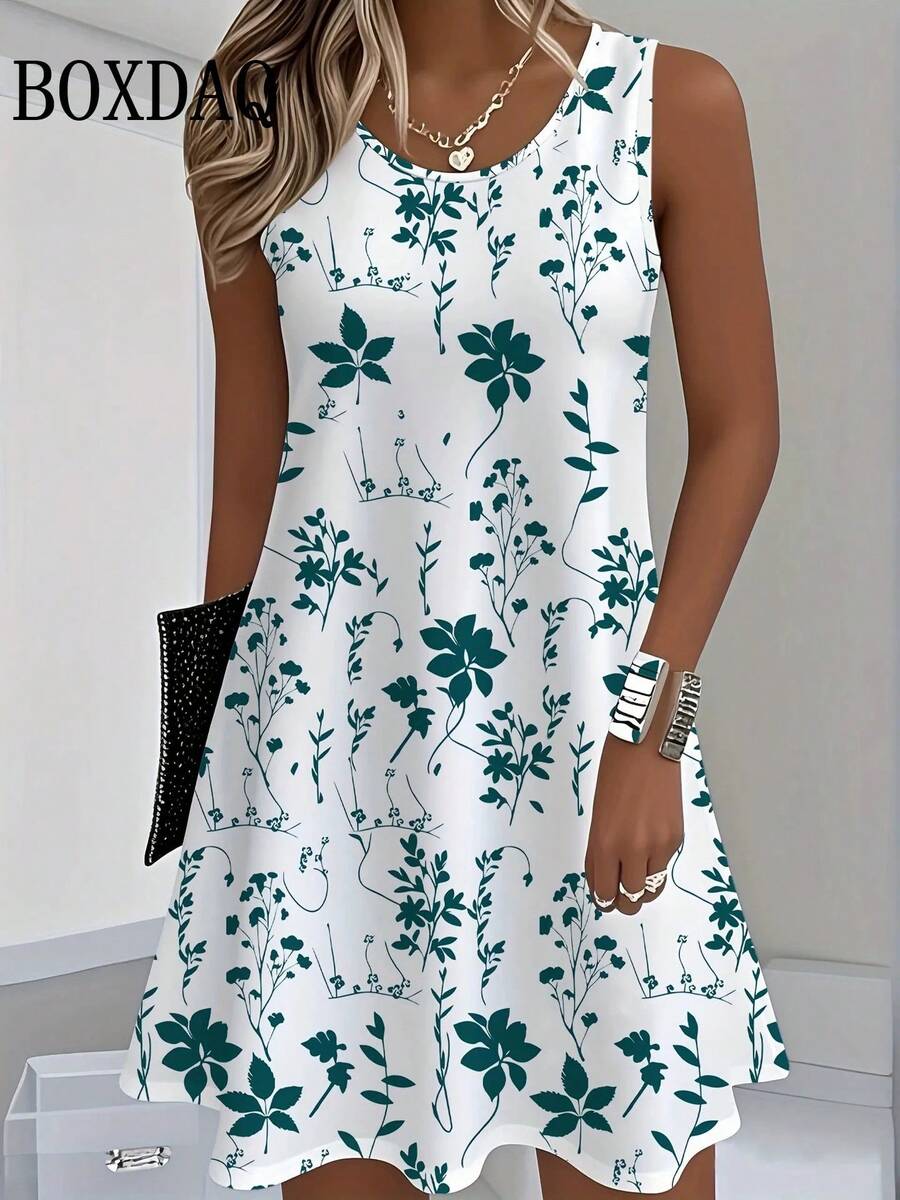 2025 vestido veraniego para mujer, vestido informal sin mangas con cuello redondo, minivestido holgado de verano para mujer, Vestido corto de playa con estampado de flores en 3D - BD35 - Ver 1