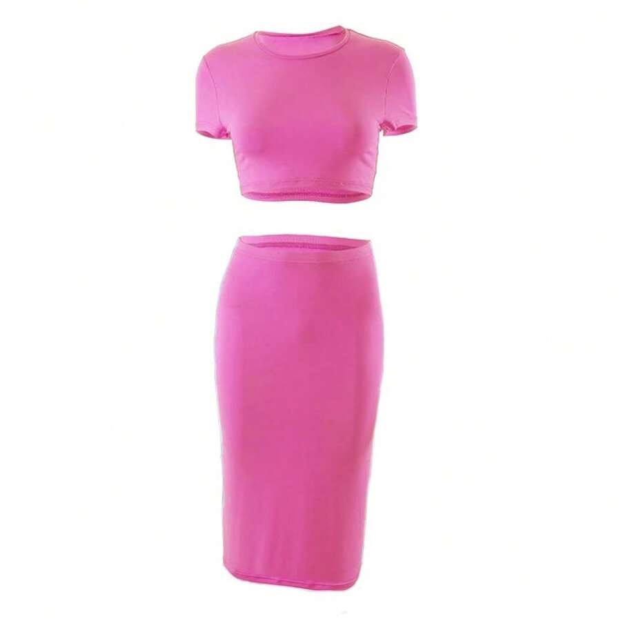 Conjuntos de vestidos para mujer, Tops cortos de manga corta y falda a media pantorrilla, conjunto de 2 uds, trajes ajustados de oficina para mujer, ropa de verano QX2413 - Rosa Roja - Ver 1