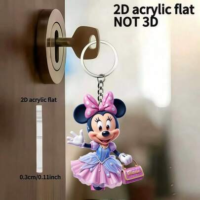 Disney Diseño 2D - Llavero de acrílico 2D de M innie Mouse. Presenta un gran moño rosa adornado con lunares blancos y un vestido azul con detalles rosas y piedras falsas. Incluye un dije a juego de la cartera rosa "M innie". Un accesorio elegante perfecto como adorno navideño, un llavero para autos o bolsos, o un pequeño y encantador regalo para ocasiones como Navidad, Pascua o San Valentín.