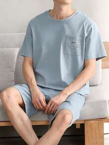 AICJ 2pcs Men's Solid Color Casual Loose Minimalist Pocket Round Neck Short Sleeve Plaid Shorts Pajama Set, Suitable For Spring & Summer - Baby Blue - View 7