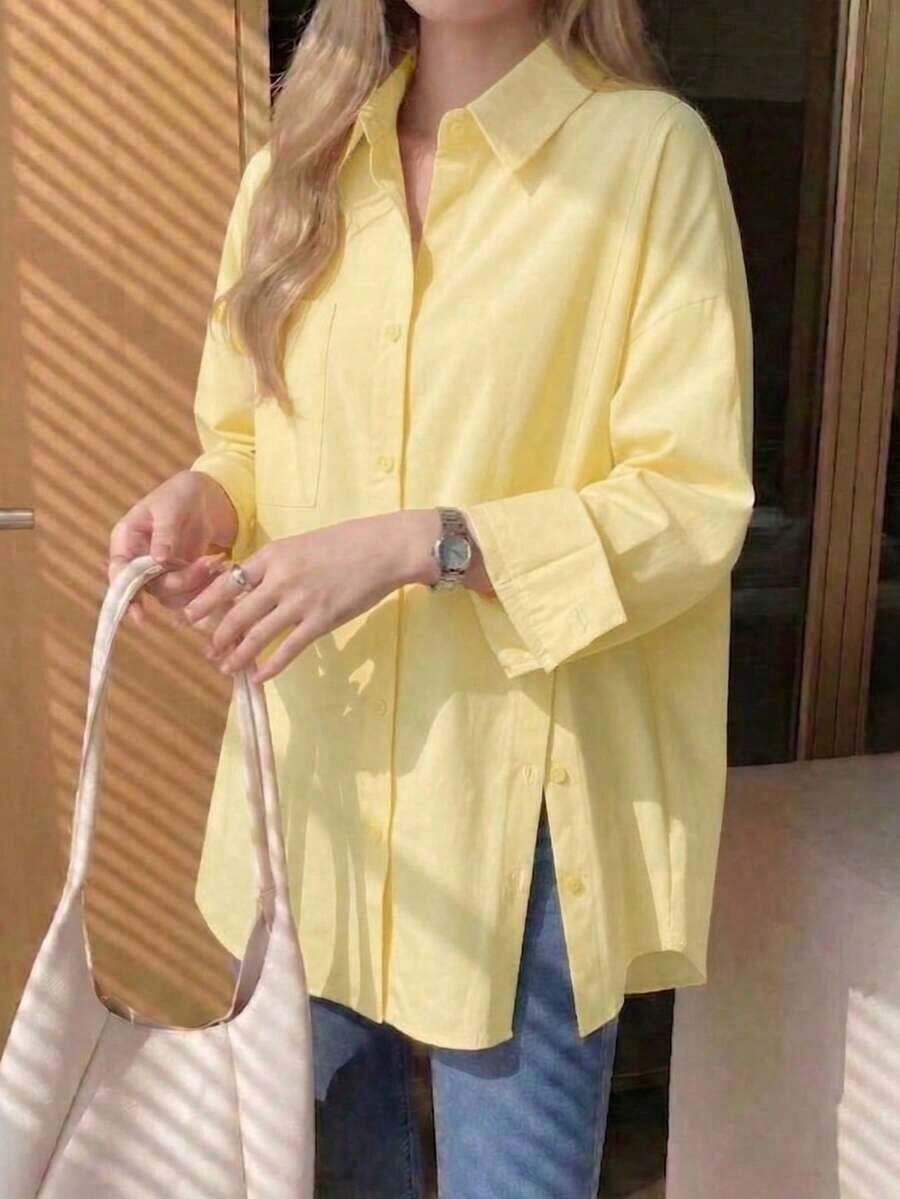 Women's Long-Sleeved Blouse With Lapel, Single Button Closure, And Casual Style For Everyday Wear, In A Solid Color - Yellow - View 1