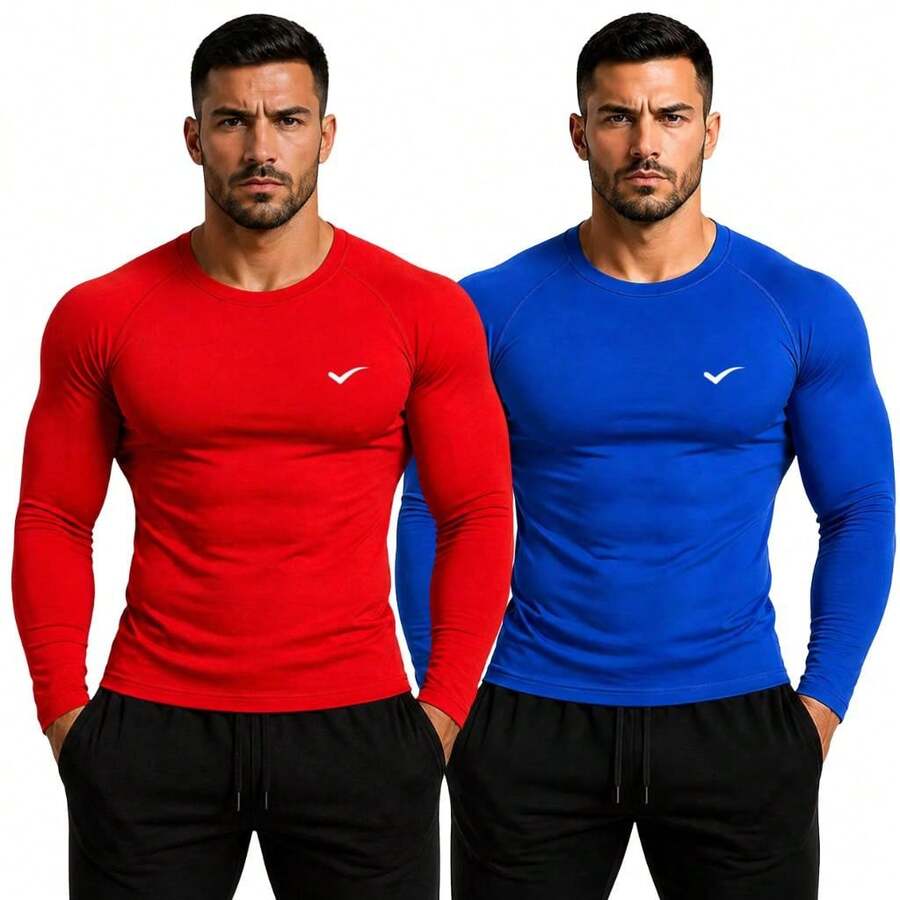 Kit Of 2 Thermal UV 50+ Base Layer Shirts/T-Shirts/Cool Mesh Shirts For Gym And Sports - 紅色和皇家藍 - 查看 1
