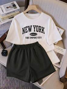 Conjunto set 2 piezas dama Camisa con estampado basico New York empire & Short con cintura elastica ultra comodo liguero fresco ideal estilo casual vacaciones diario dulce - Negro - Ver 1