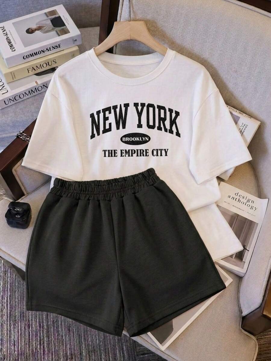 Conjunto set 2 piezas dama Camisa con estampado basico New York empire & Short con cintura elastica ultra comodo liguero fresco ideal estilo casual vacaciones diario dulce - Negro - Ver 1