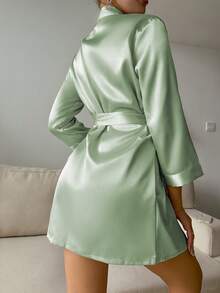 1件女款優雅純色短款浴袍附腰帶，舒適絲綢緞面和服風長袖前開襟休閒極簡居家服，高級奢華性感浴袍，四季透氣 - 青色 - 查看 4