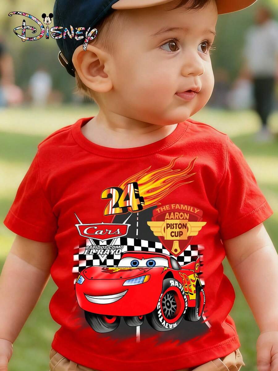 Disney Authorization - Baby Men's Clothing Summer Casual Short Sleeves - Lightning McQueen Birthday - Printed Pattern Design Round Neck Baby T-Shirt, Newborn Baby Pullover, Summer Top Clothing, Local Warehouse, Soft And Comfortable, Suitable For Baby Men's Clothing - Đỏ - Xem 1