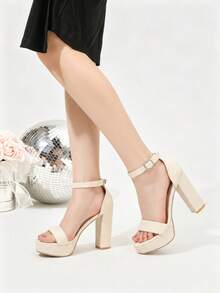 Elegant Ivory Waterproof Thick-Soled High Heel Shoes, Versatile Ankle Strap Thick-Soled Sandals Suitable For Weddings, Banquets, Parties, Dates, Work, Travel, Holidays, Formal Occasions, Daily Wear, Fashionable White Women Sandals - Off White - View 5