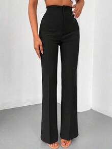 Pantalones rectos de talle alto de color negro sólido, elegantes y casuales, adecuados para uso diario, oficina, traslados, hogar, citas, pequeñas fiestas, eventos sociales ligeros en primavera - Negro - Ver 10