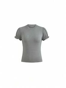 Women's Summer Design Sense Short Sleeve T-Shirt, Minimalist Fitted Round Neck Cropped Top Casual - Grey - View 5