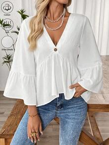 1 pieza de camisa casual para mujer , blanca, con cuello en V y mangas con volantes, 180g, 100% algodón. - Blanco - Ver 4