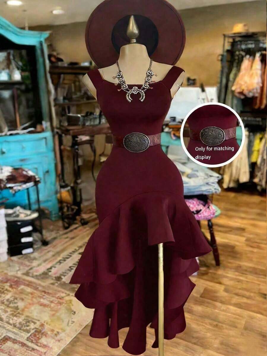Vestido elegante y sexy de tirantes finos para mujer LADYMUSE, vestido ajustado con cintura ceñida, vestido con volante asimétrico en el bajo, vestido para fiesta/cita nocturna [Cinturón no incluido] Verano - Burdeos - Ver 1
