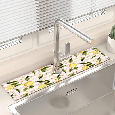 1pc Lemon And Leaf Theme Pattern Sink Drain Pad, Quick-Drying Diatomite Bathroom Faucet Pad, Trimmable Holiday Decorations, Household Kitchen Drain Pad, Washbasin Protection Pad, Suitable For All Kinds Of Faucets In Bathroom And Kitchen.