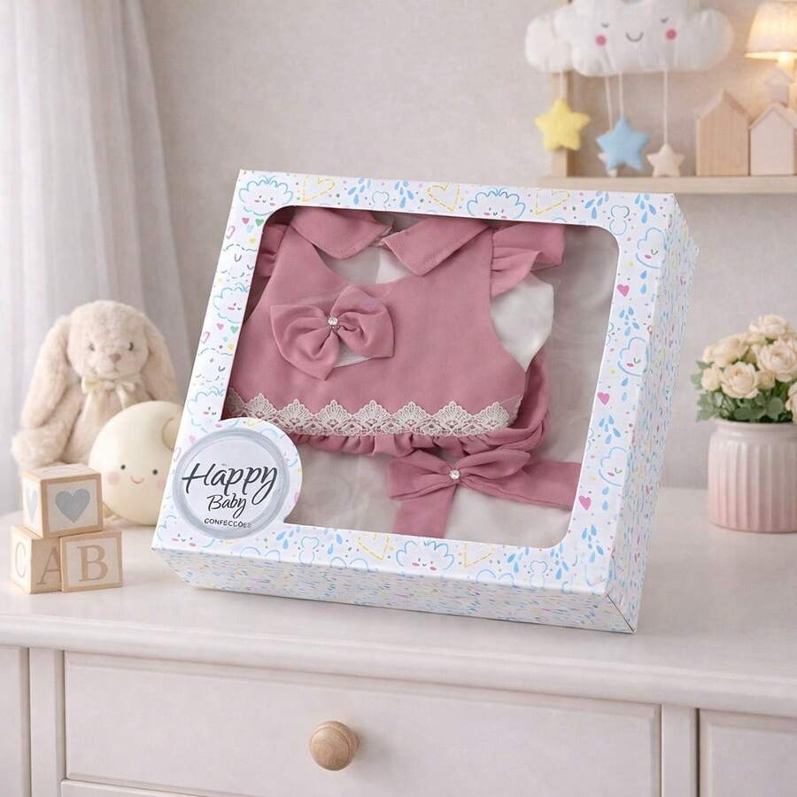 Newborn Baby Girl's Complete Luxury Home Outfit In A Box: Dress, Jumpsuit, Cotton, Layette Kit - 乾枯玫瑰色 - 查看 1