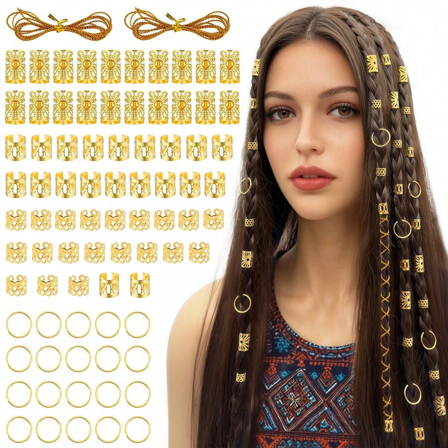 82pcs Golden Hair Rings With 2 Ropes-Adjustable For Women And Girls Hair Cuffs With Rope Accent - Gold - View 1