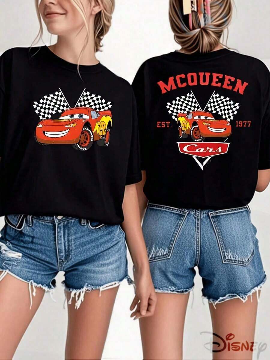 Lightning McQueen Element Front And Back Dual Prints, Disney Women's T-Shirt, New Spring And Summer Top, Suitable For Wearing On The Street, Sports, And Disneyland Check-In, Machine Washable, Multi Color Matching, Disney Shirt, Disney Shirts, Summer Outfits For Women, Spring Outfits For Women, Officially Licensed Disney T-Shirts, Disney Men's And Women's Spring/Summer Fashion Casual Short-Sleeve T-Shirts--Disneys Disneyland Paris The Magic Kingdom Disneyesque B6Holiday Gifts Valentine's Day Gifts Earth Day Gifts Oktoberfest Gifts Summer Bank Holiday Gifts - Black - View 1