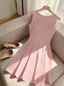Women's Red Backless Beaded Bow Decor Sleeveless Dress - Rosa - Ver 2
