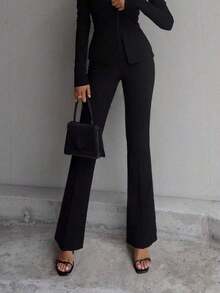 Pantalones rectos de talle alto de color negro sólido, elegantes y casuales, adecuados para uso diario, oficina, traslados, hogar, citas, pequeñas fiestas, eventos sociales ligeros en primavera - Negro - Ver 6
