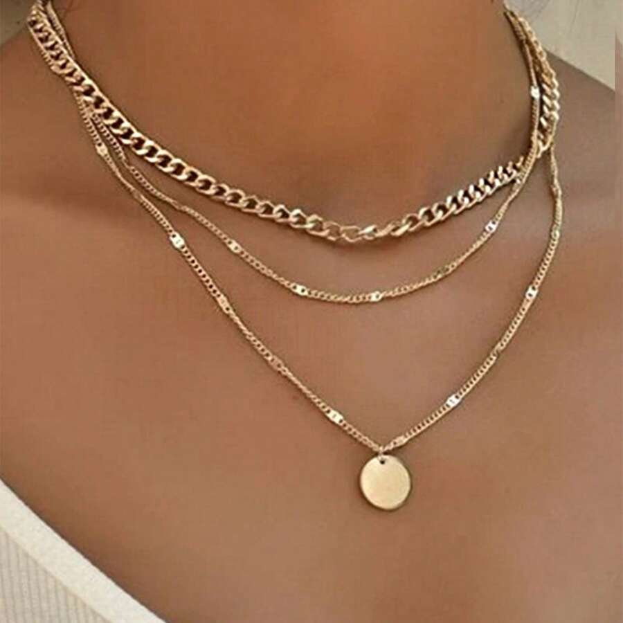 Tkool 1pc Multi-Layer Circular Pendant Necklace, Women's Accessory, Suitable For Daily Wear, Niche Gift Item - Yellow Gold - View 1