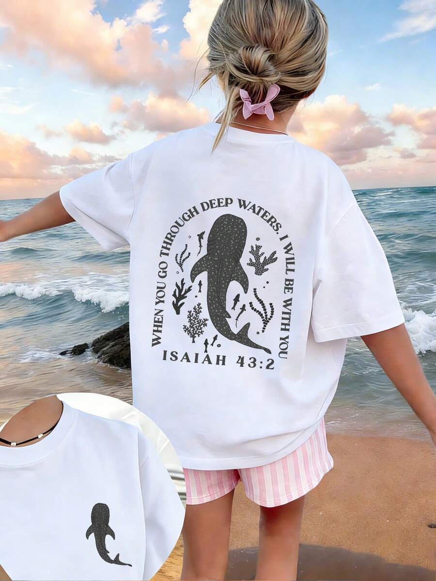 1 pieza Camiseta de manga corta con estampado para niñas, cómoda y de moda casual para estudiantes y jóvenes en verano - Blanco - Ver 1