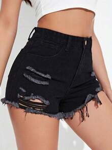 Shorts en mezclilla de talle alto desgarro ribete crudo - Negro - Ver 1