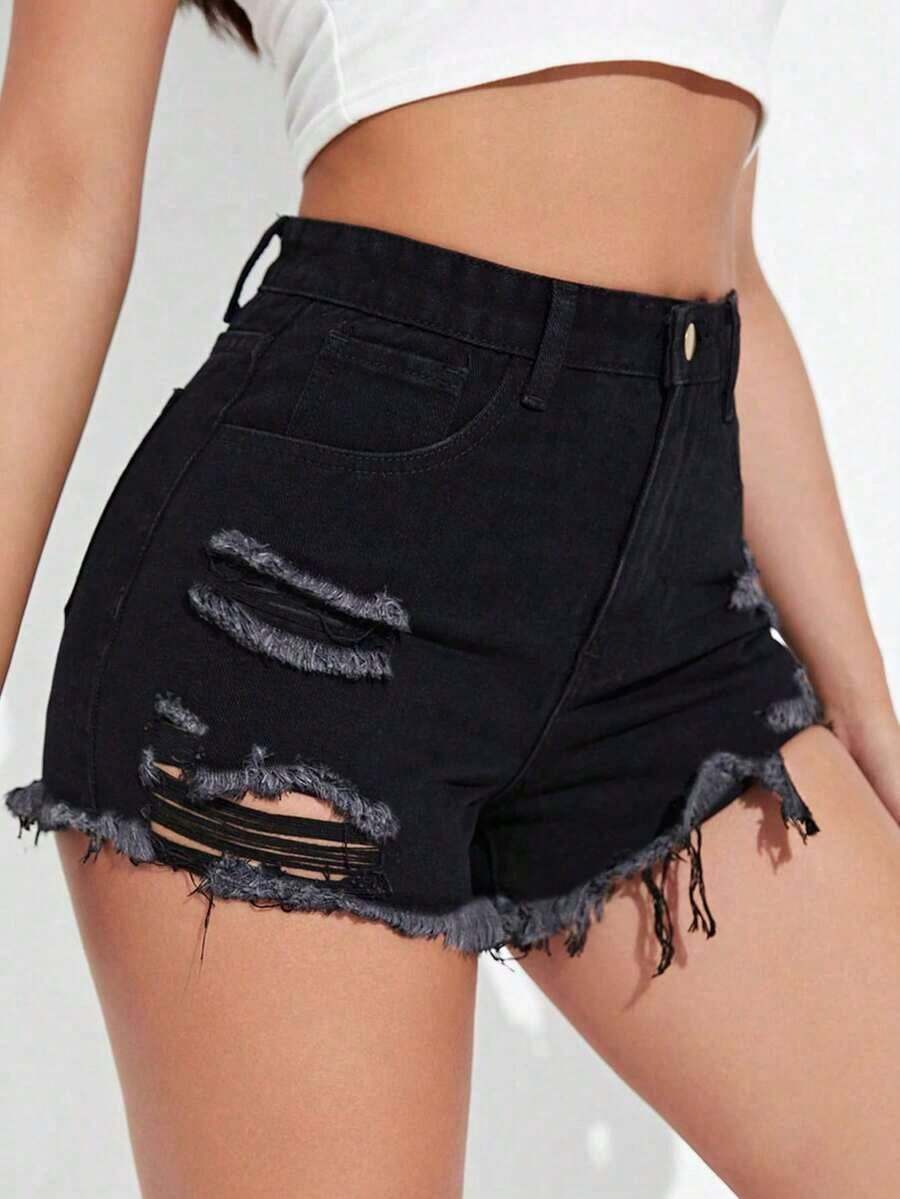 Shorts en mezclilla de talle alto desgarro ribete crudo - Negro - Ver 1